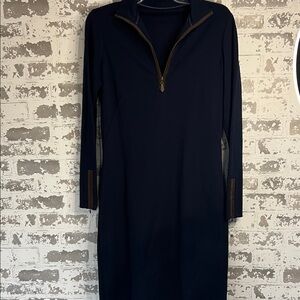 J. McLaughlin Navy Long-Sleeve Zip-Front Dress with Brown Trim